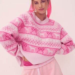 Victoria Secret PINK LoveShackFancy Boxy Sweater Tulip Fairisle Dog Bow Sz S NEW